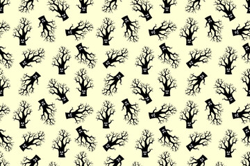 Seamless Halloween pattern, scary tree with bare branches and an ominous face. All Saints Day. National and international holiday.  For background, wallpaper, textiles, packaging, or website.