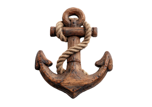 Wooden anchor, rope wrapped, against black backdrop - Powered by Adobe