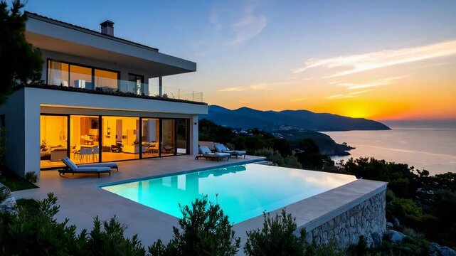 Luxurious modern home overlooking an infinity pool with a stunning sunset view