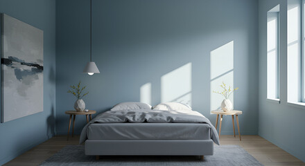Modern Bedroom with Blue Walls and Sunlight Streaming Through Windows