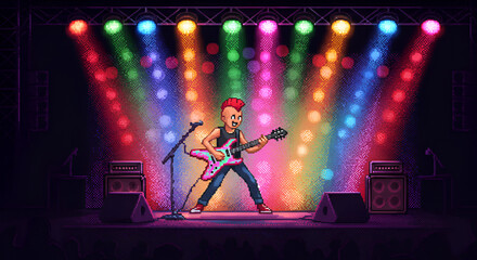 Pixel Art Guitarist Performing on Stage with Colorful Stage Lights in Concert Setting