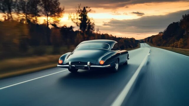 A classic car speeds down a scenic road at sunset, captured from a low rear angle, evoking a vintage video style with dynamic motion blur.