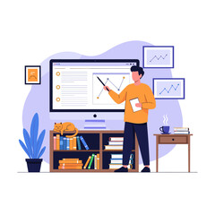 A man stands in front of a computer screen presenting data on a graph and other charts, showcasing educational or business analysis.