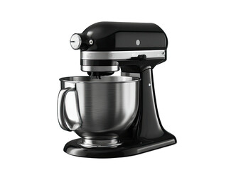 Black stand mixer with stainless steel bowl on black background