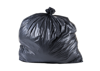 Full, dark trash bag, knotted closure, against black