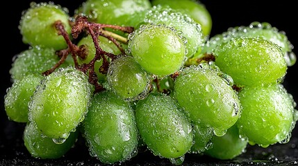 Bunch of green grapes with water droplets on a dark background.
