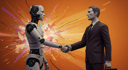 Robotic Human and Businessman Shaking Hands in Futuristic Abstract Background