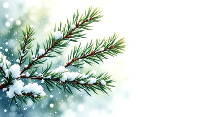 A serene depiction of fresh evergreen branches dusted with soft white snowflakes.