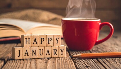 A Steaming Coffee Mug with &ldquo;Happy January&rdquo; Blocks on Wooden Surface in Cozy Morning Scene