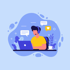 A person wearing a headset and sitting in front of a laptop with chat bubbles and icons on the screen.