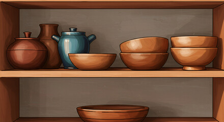 Wooden Shelf Displaying Ceramic Bowls and Vases in Neutral Kitchen Setting