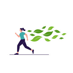 A person running with green leaves trailing behind them as if they are being carried by the wind.