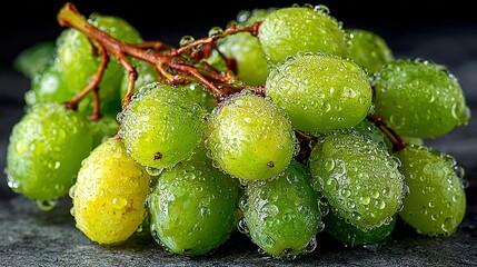 Bunch of green grapes with water droplets on a dark surface.