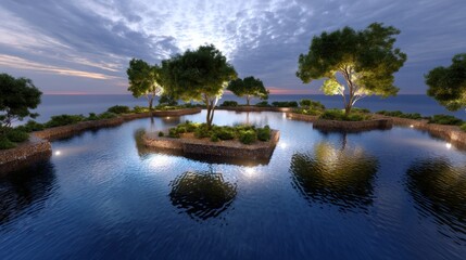 Serene Landscape with Still Water, Trees, and Reflection at Twilight on the Coastline of a Calm Ocean