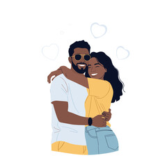 A happy couple embracing each other surrounded by hearts.