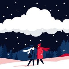 Two people walk through a snowy landscape under a starry night sky.
