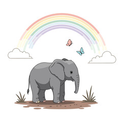 A gentle elephant stands under a vibrant rainbow with two butterflies dancing in the sky.