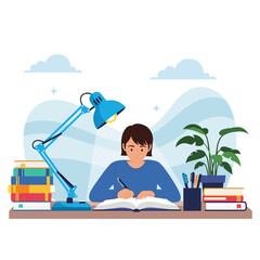 A person focused on their studies at a desk with a lamp and books.
