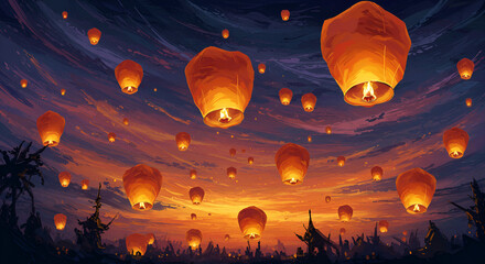 Colorful Sky Lanterns Floating During Sunset in Night Sky Scene