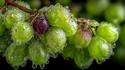 Bunch of green grapes with water droplets on a dark background.