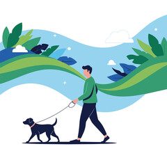 A person walks their dog through a stylized green landscape with blue wavy background elements.