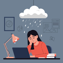 Young woman feeling overwhelmed and stressed working late at night under a rain cloud.