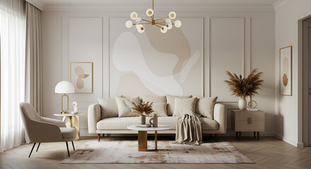 Modern Neutral Living Room with Elegant Sofa and Artistic Wall Decor