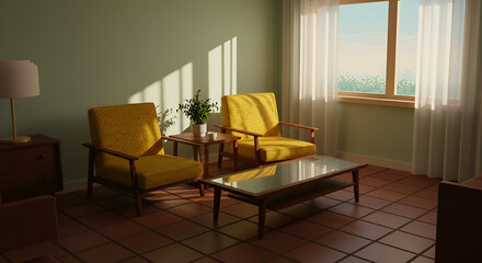 Sunlit Living Room with Yellow Armchairs and Glass Coffee Table