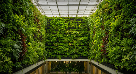 Indoor Vertical Garden with Lush Green Plants in Modern Greenhouse