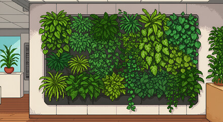 Indoor Green Wall with Varied Foliage in Modern Office Space