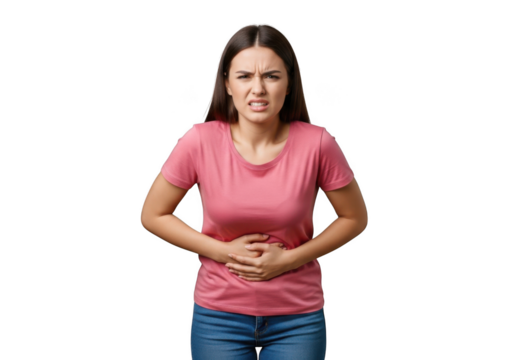 Woman grasping stomach experiencing abdominal pain discomfort illness medical issue