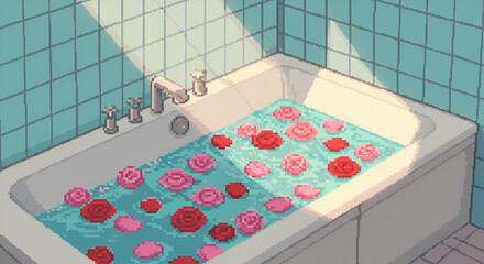 Decorative Bathtub Filled with Water and Pink Red Rose Petals in Bathroom