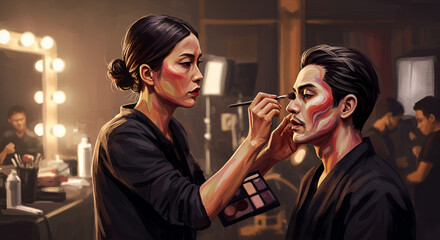 Makeup Artist Applying Face Paint on Male Model in Professional Makeup Studio