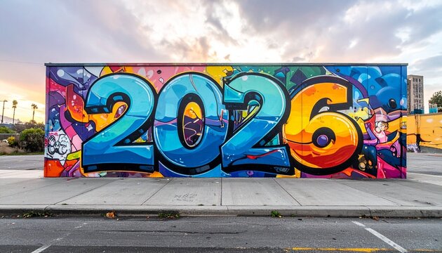Graffiti Mural of “2026” with City Silhouettes and Abstract Urban Energy - Powered by Adobe