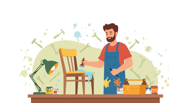 Cartoon man painting chair in workshop illustrating restoration craftsmanship