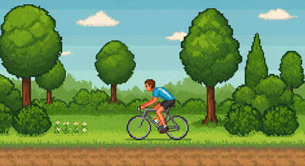 Pixel Art Man Riding Bicycle in Park with Green Trees and Blue Sky