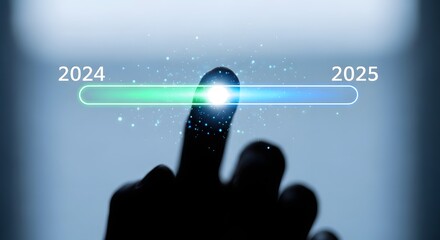 Finger touches progress bar transitioning from 2024 to 2025 symbolizing future advancement