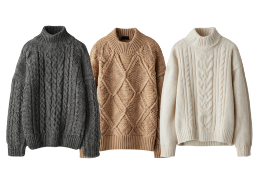 Three cozy, neutral cable knit sweaters, turtleneck style