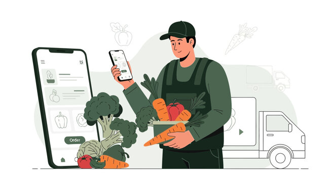 Convenient mobile app for ordering fresh vegetables and delivery with a delivery worker for a