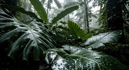 Obraz premium Lush Wet Tropical Rainforest Foliage with Raindrops in Misty Atmosphere