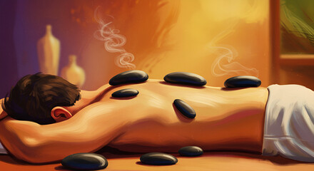 Relaxing Man Receiving Hot Stone Massage in Spa with Warm Lighting and Calm Atmosphere
