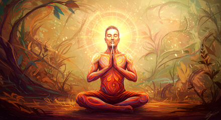Meditative Person Sitting Cross Legged in Forest with Glowing Aura and Warm Colors