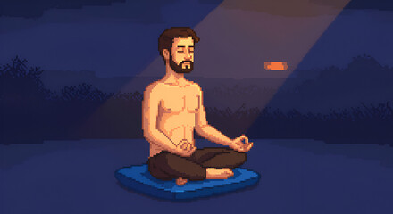 Pixel Art Male Man Meditating Shirtless Sitting Cross Legged on Yoga Mat at Night