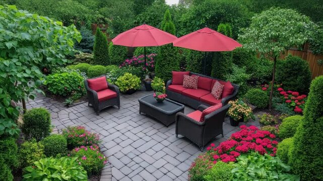 A lush garden with outdoor furniture under red umbrellas creates a relaxing patio setting