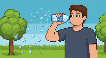 Pixel Art Young Man Drinking Water Outdoors in Green Park Scene