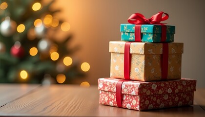Colorful Christmas presents stacked on wooden table with tree in background  