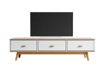 Modern low-profile TV stand with three white drawers and light wood legs and frame.  Flat-screen TV sits atop