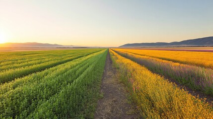Green Agricultural Field Transitioning to a Colorful Blooming Meadow in Golden Hour Light