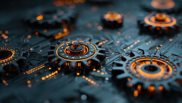 Blue and orange glowing cogs on a circuit board background