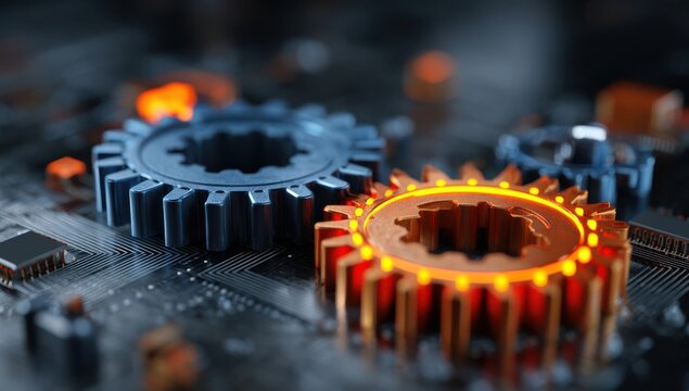 Blue and orange glowing cogs on a circuit board background - Powered by Adobe